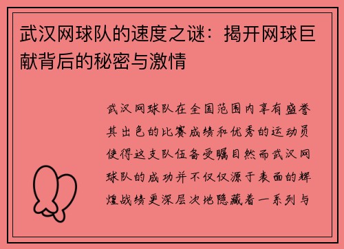 武汉网球队的速度之谜：揭开网球巨献背后的秘密与激情