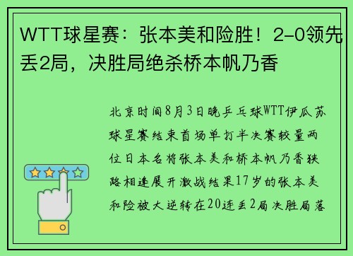 WTT球星赛：张本美和险胜！2-0领先丢2局，决胜局绝杀桥本帆乃香